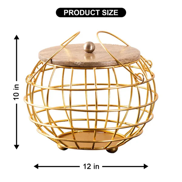 Metal Golden Multipurpose Basket with Wooden Lid & Handles