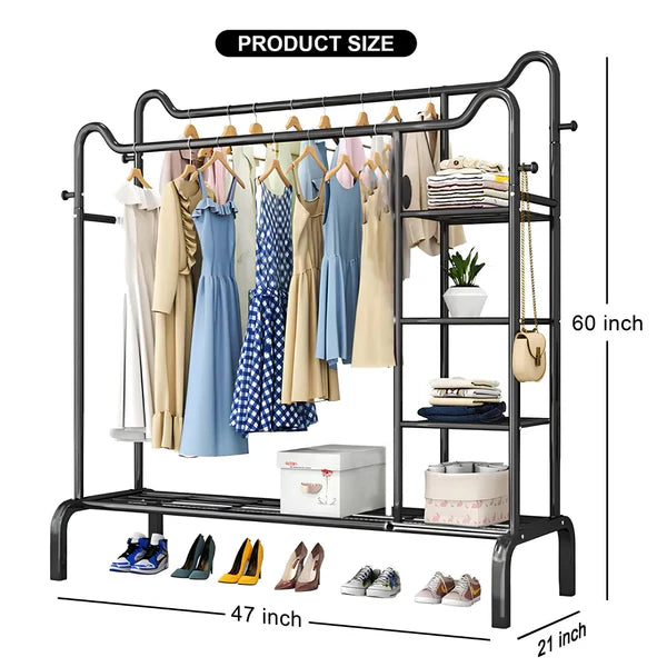 Space-Saving Metal Clothes Stand (D) – With Side Storage Shelves & Hooks