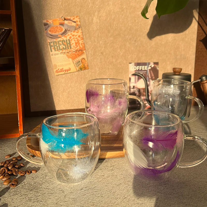 Feather filled double-layer glass cup