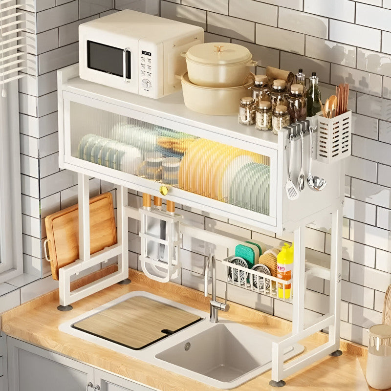 Over Sink Dish Drying Rack with Dust-Proof Cabinet Doors, 2 Tier Large Storage Kitchen Dish Drainer Rack Space Saver Shelf Holder, Above Sink Dish Racks with Utensil Holder, Knife Holder