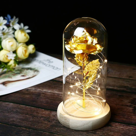 LED Foil Rose Glass Dome - Gold