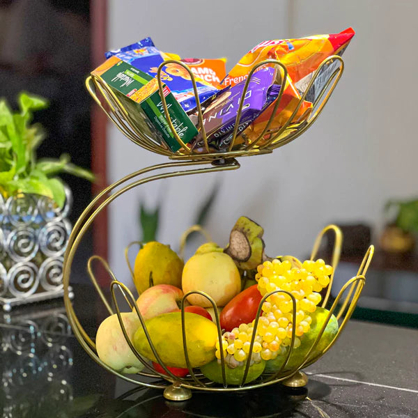 Metal 2-Tier Golden Crescent Fruit Basket