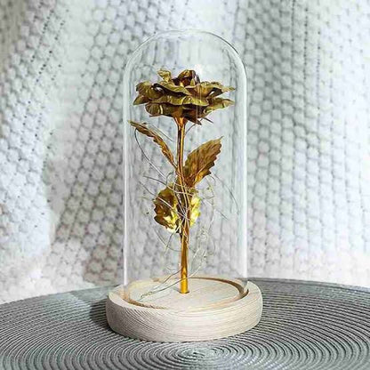 LED Foil Rose Glass Dome - Gold