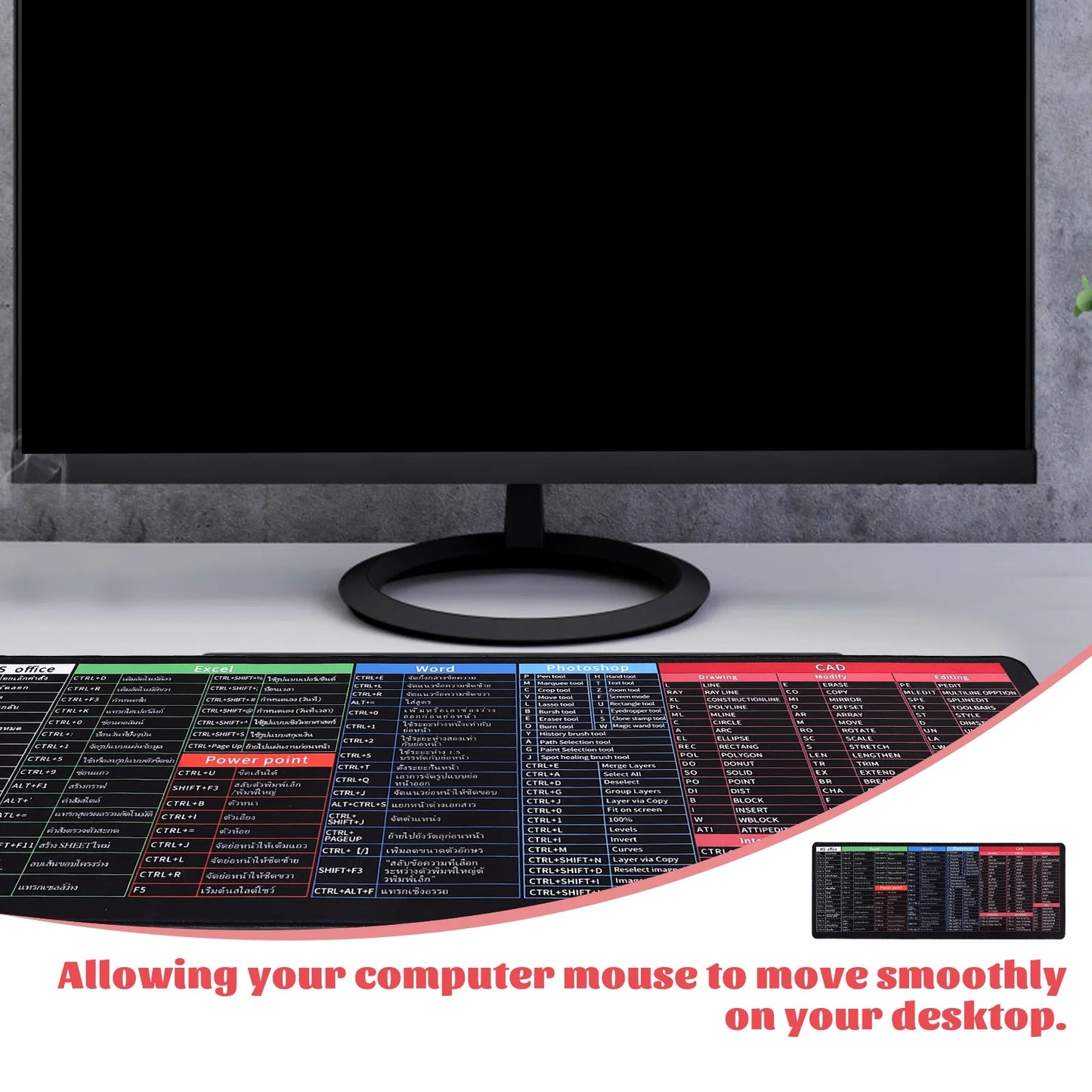 Imported English Shortcut Keys Keyboard & Mouse Pad (Large Size 30*80cm)