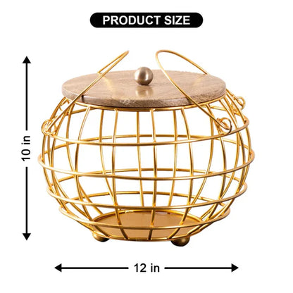 Metal Golden Multipurpose Basket with Wooden Lid & Handles
