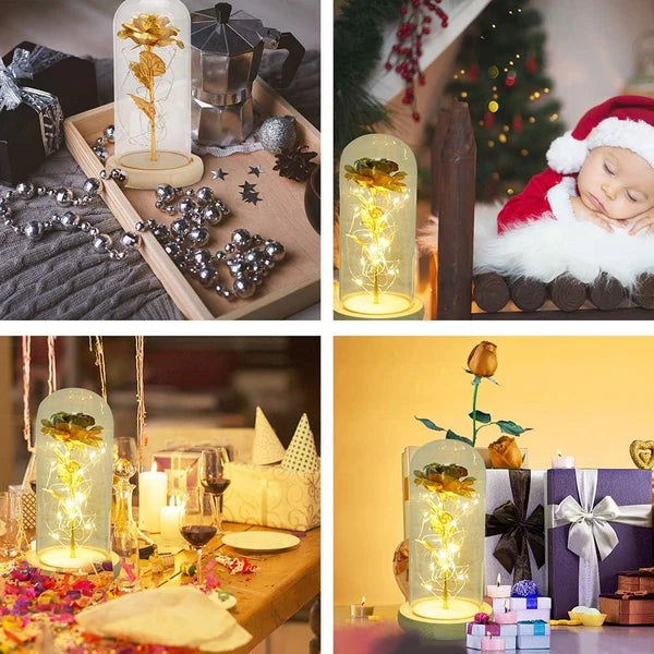 LED Foil Rose Glass Dome - Gold