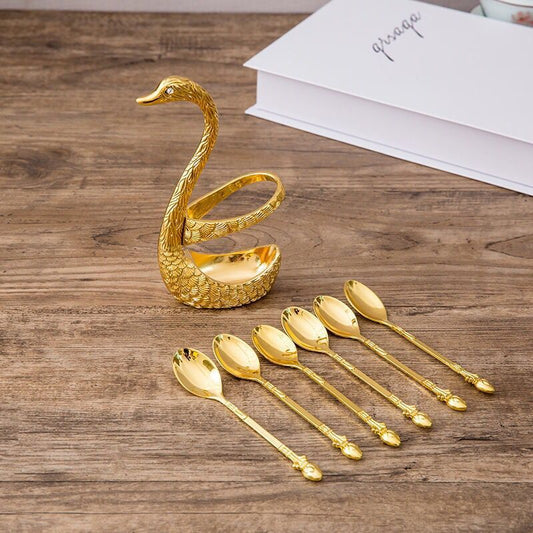 6 Spoon Duck Spoon Set Dessert Spoon, Fashion Elegant Coffee Sugar Spoon Mixing Tea Spoon Cutlery Set with Swan Feather Holder