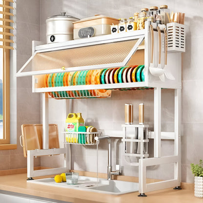 Over Sink Dish Drying Rack with Dust-Proof Cabinet Doors, 2 Tier Large Storage Kitchen Dish Drainer Rack Space Saver Shelf Holder, Above Sink Dish Racks with Utensil Holder, Knife Holder