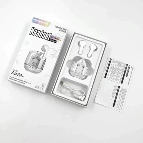 Air 31 Earbuds Transparent design with Deep BASS and Battery display TWS ( Random Color )