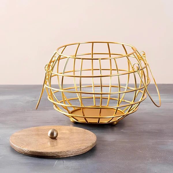 Metal Golden Multipurpose Basket with Wooden Lid & Handles