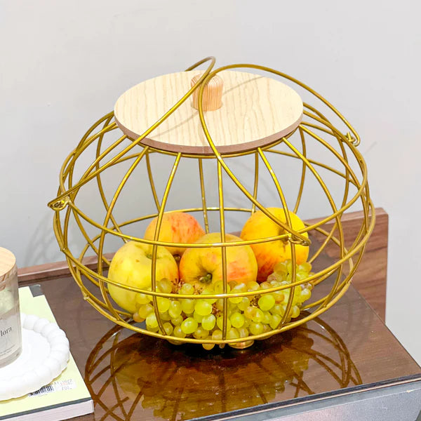 Metal Golden Multipurpose Basket with Wooden Lid & Handles