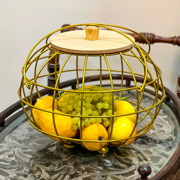 Metal Golden Multipurpose Basket with Wooden Lid & Handles