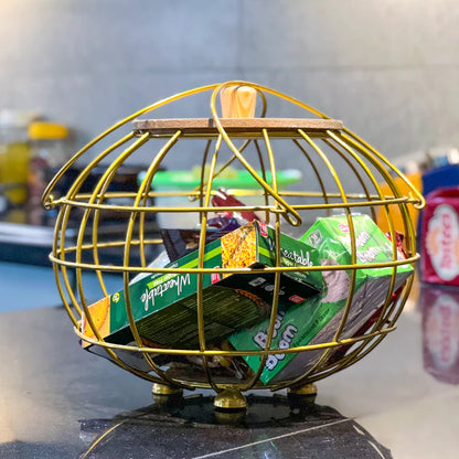 Metal Golden Multipurpose Basket with Wooden Lid & Handles