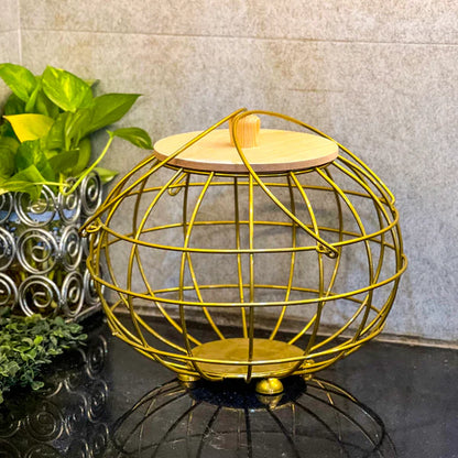 Metal Golden Multipurpose Basket with Wooden Lid & Handles