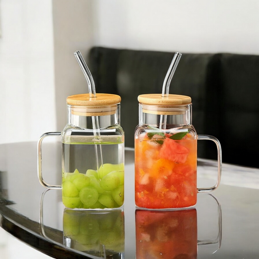 ELEGANT SQUARE GLASS SMOOTHIE CUP WITH HANDLE & STRAW