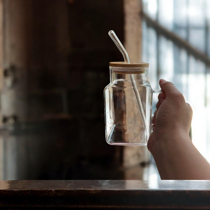 ELEGANT SQUARE GLASS SMOOTHIE CUP WITH HANDLE & STRAW