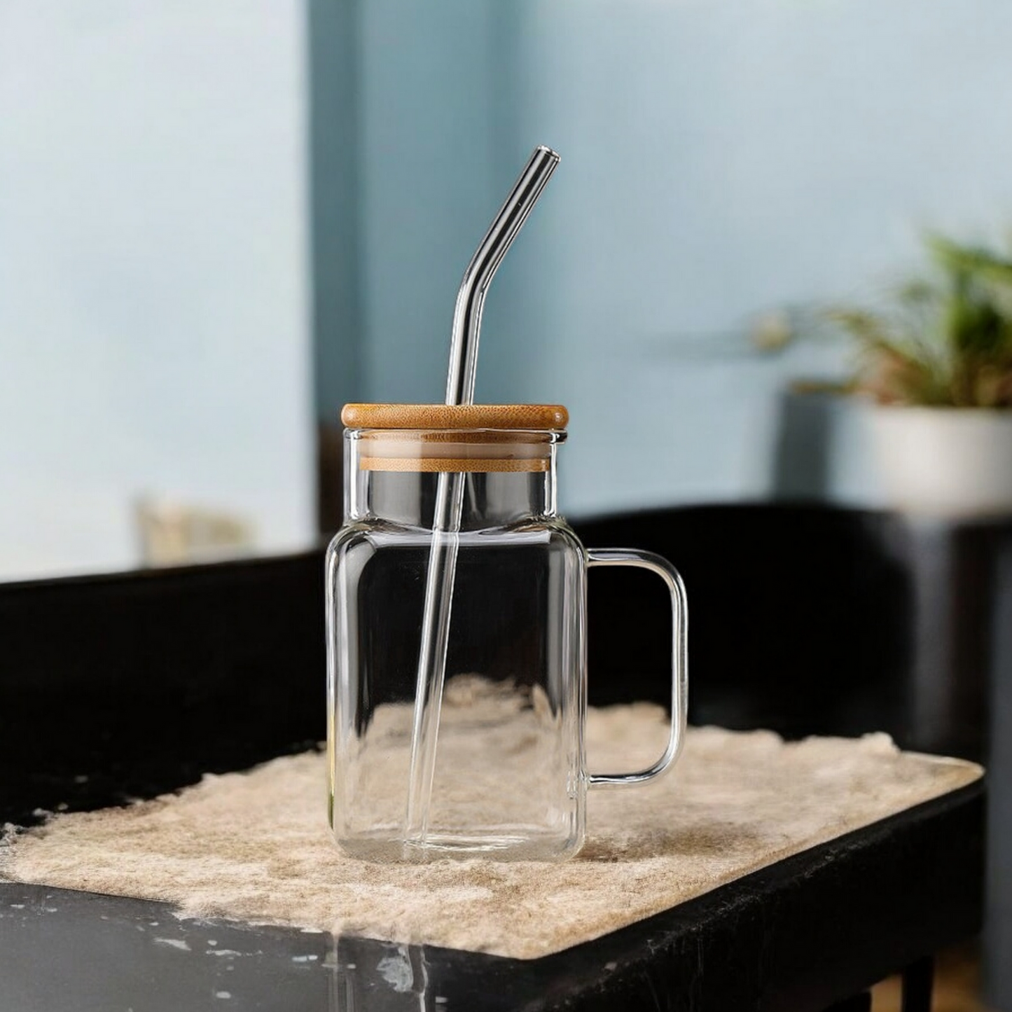 ELEGANT SQUARE GLASS SMOOTHIE CUP WITH HANDLE & STRAW