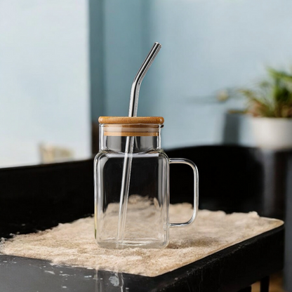 ELEGANT SQUARE GLASS SMOOTHIE CUP WITH HANDLE & STRAW