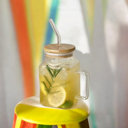 ELEGANT SQUARE GLASS SMOOTHIE CUP WITH HANDLE & STRAW