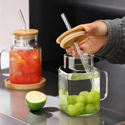 ELEGANT SQUARE GLASS SMOOTHIE CUP WITH HANDLE & STRAW