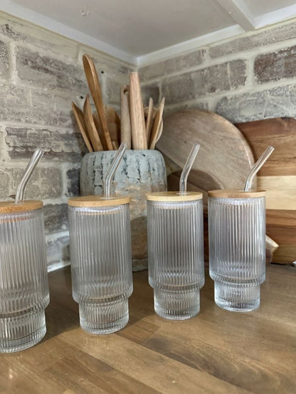 RIBBED TUMBLER WITH LID AND STRAW CLEAR TRANSPARENT DRINKING CUP