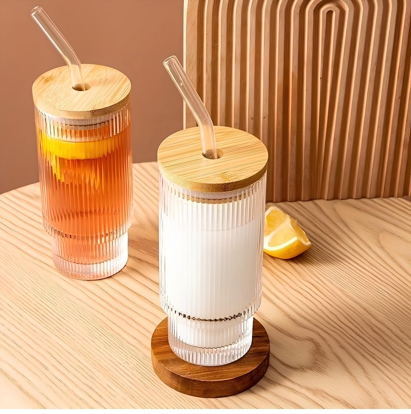 RIBBED TUMBLER WITH LID AND STRAW CLEAR TRANSPARENT DRINKING CUP