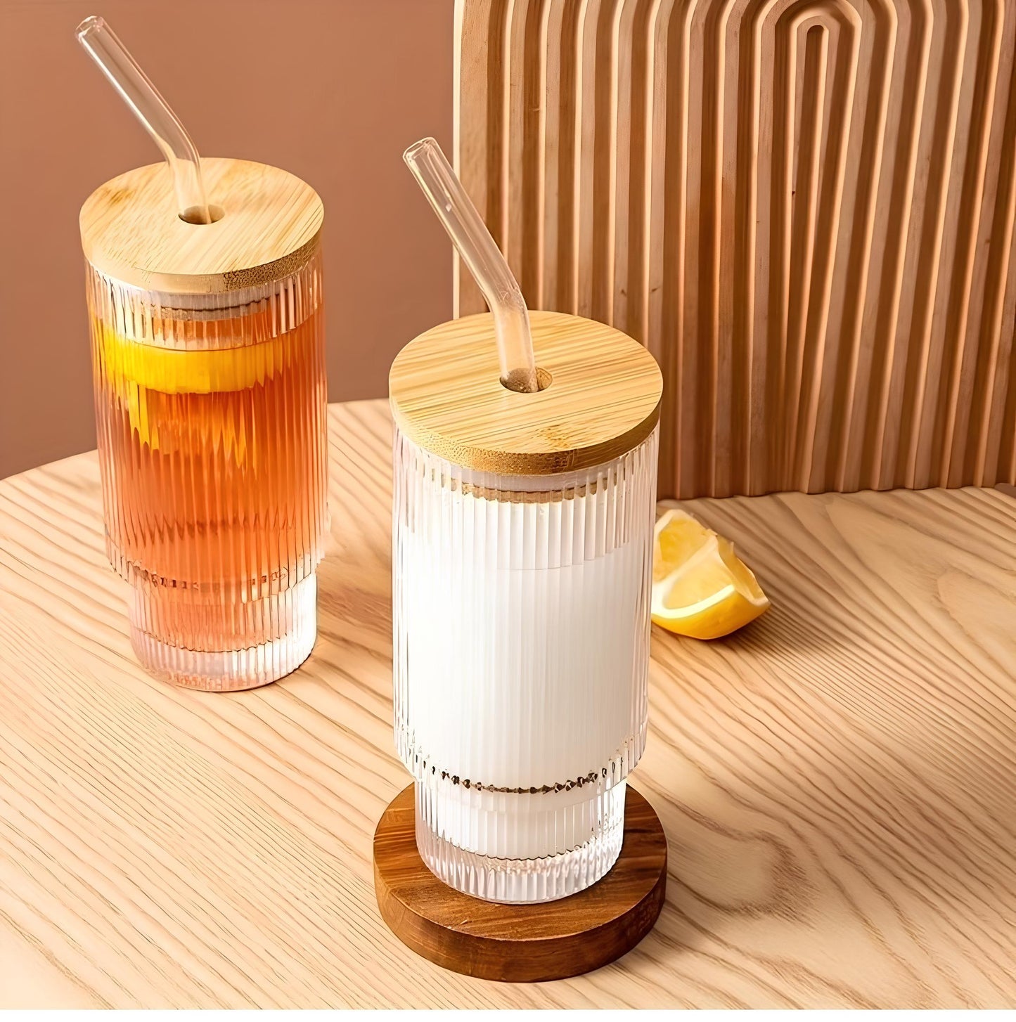 RIBBED TUMBLER WITH LID AND STRAW CLEAR TRANSPARENT DRINKING CUP