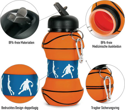 Collapsible Kid's Water Bottle with Basketball Design – Leak-Proof, BPA-Free, Food Grade Silicone