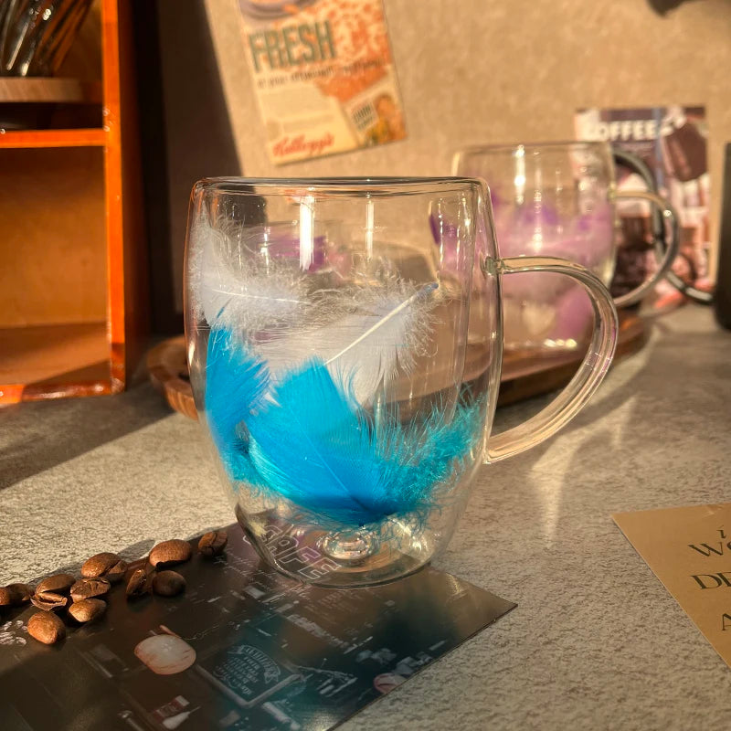 Feather filled double-layer glass cup