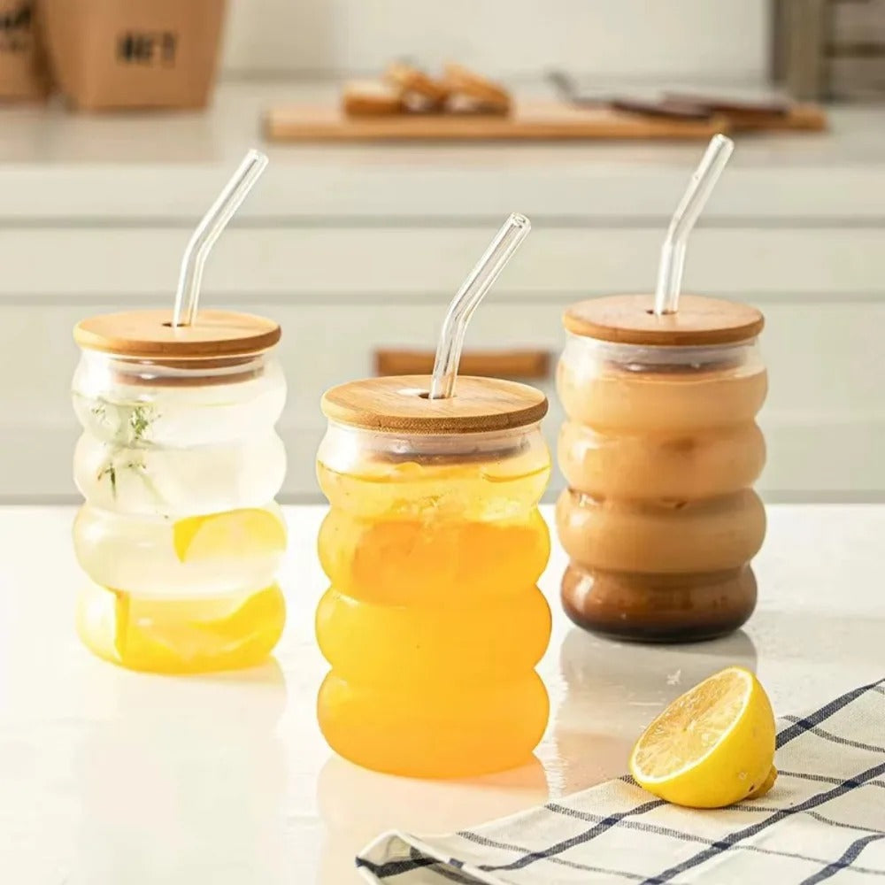 Wooden Lid Wave Glass Cup