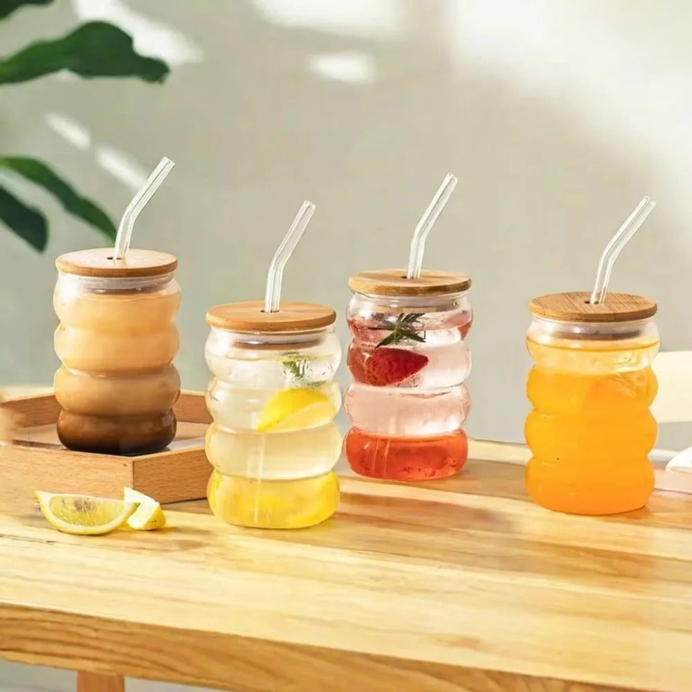 Wooden Lid Wave Glass Cup